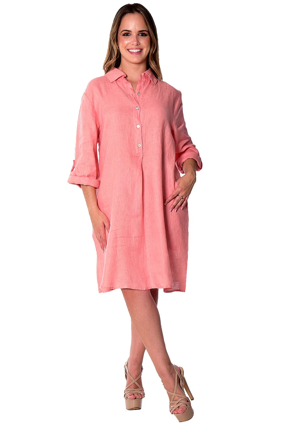 AZUCAR Linen Tunic Dress with Roll-Up Sleeves - LLWD2078