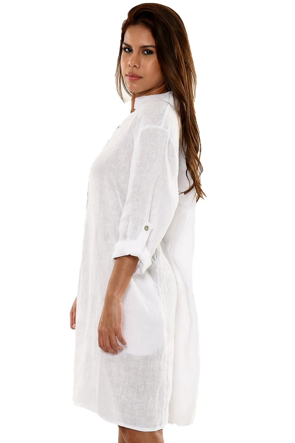 AZUCAR Linen Tunic Dress with Roll-Up Sleeves - LLWD2078