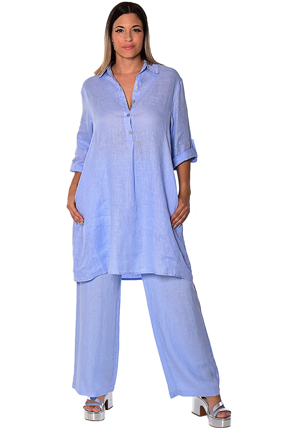 AZUCAR Linen Tunic Dress with Roll-Up Sleeves - LLWD2078