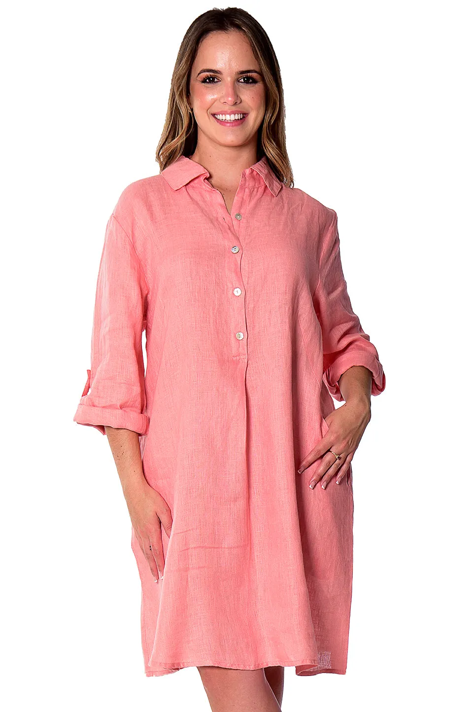 AZUCAR Linen Tunic Dress with Roll-Up Sleeves - LLWD2078