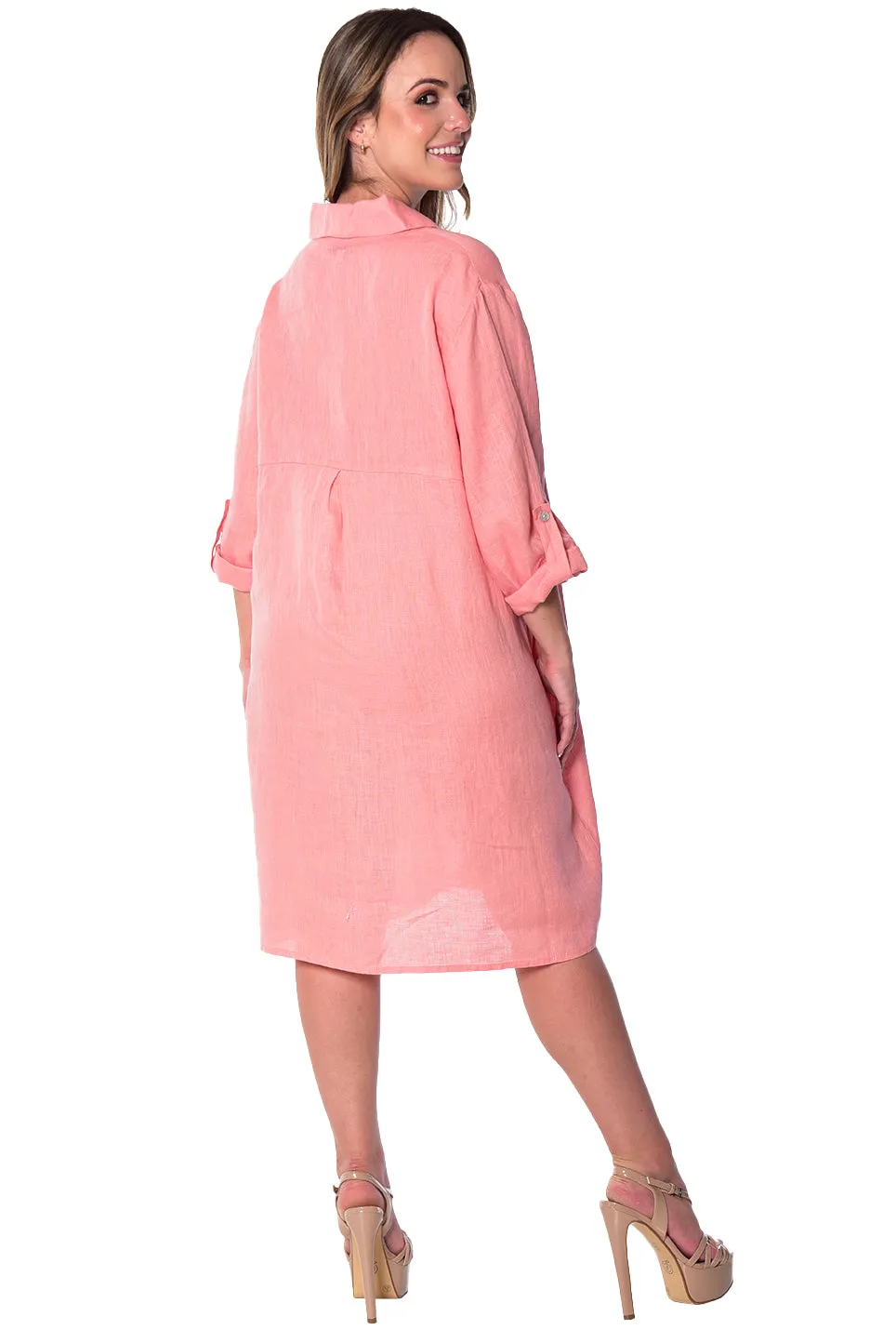 AZUCAR Linen Tunic Dress with Roll-Up Sleeves - LLWD2078