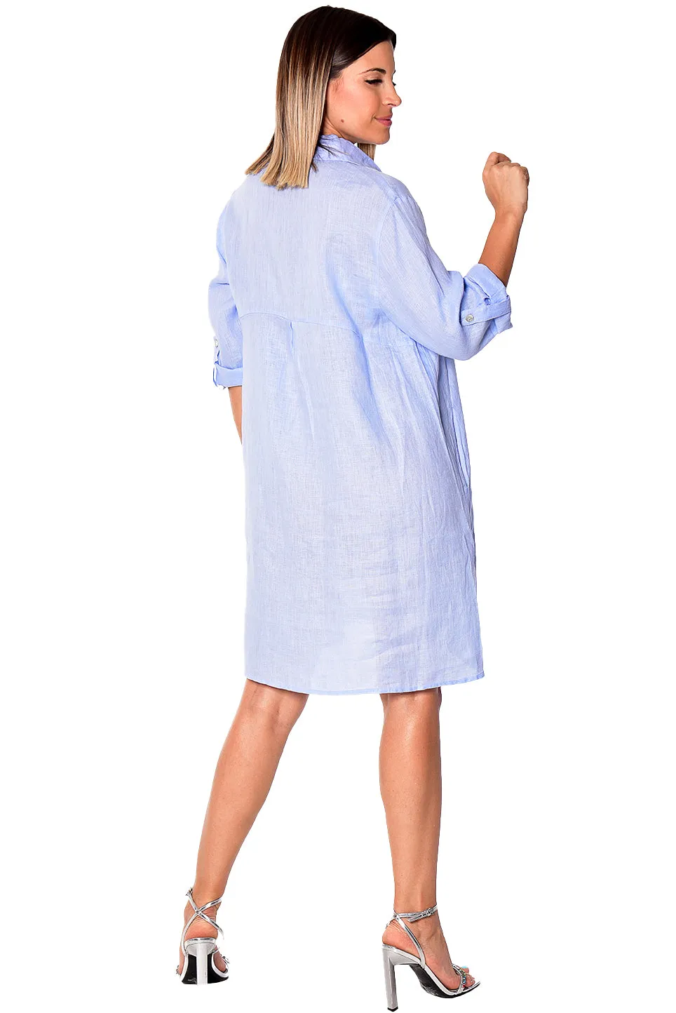 AZUCAR Linen Tunic Dress with Roll-Up Sleeves - LLWD2078