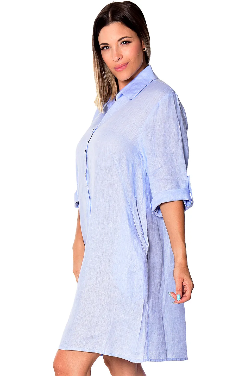 AZUCAR Linen Tunic Dress with Roll-Up Sleeves - LLWD2078