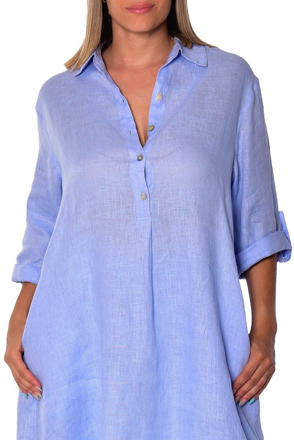 AZUCAR Linen Tunic Dress with Roll-Up Sleeves - LLWD2078