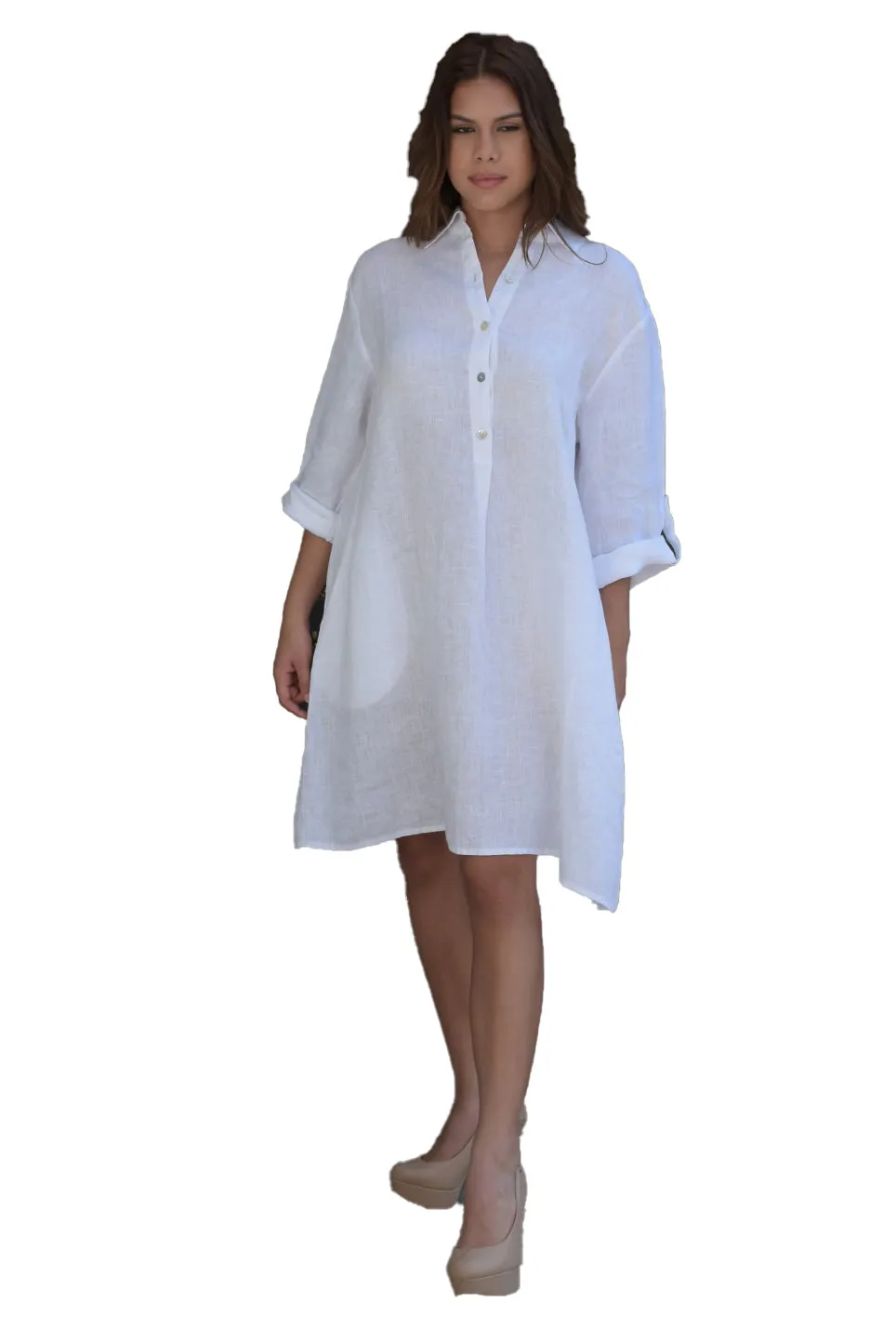 AZUCAR Linen Tunic Dress with Roll-Up Sleeves - LLWD2078