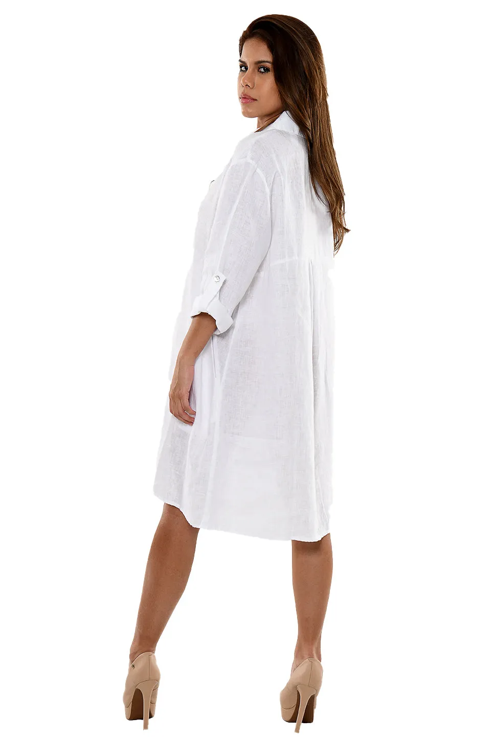 AZUCAR Linen Tunic Dress with Roll-Up Sleeves - LLWD2078