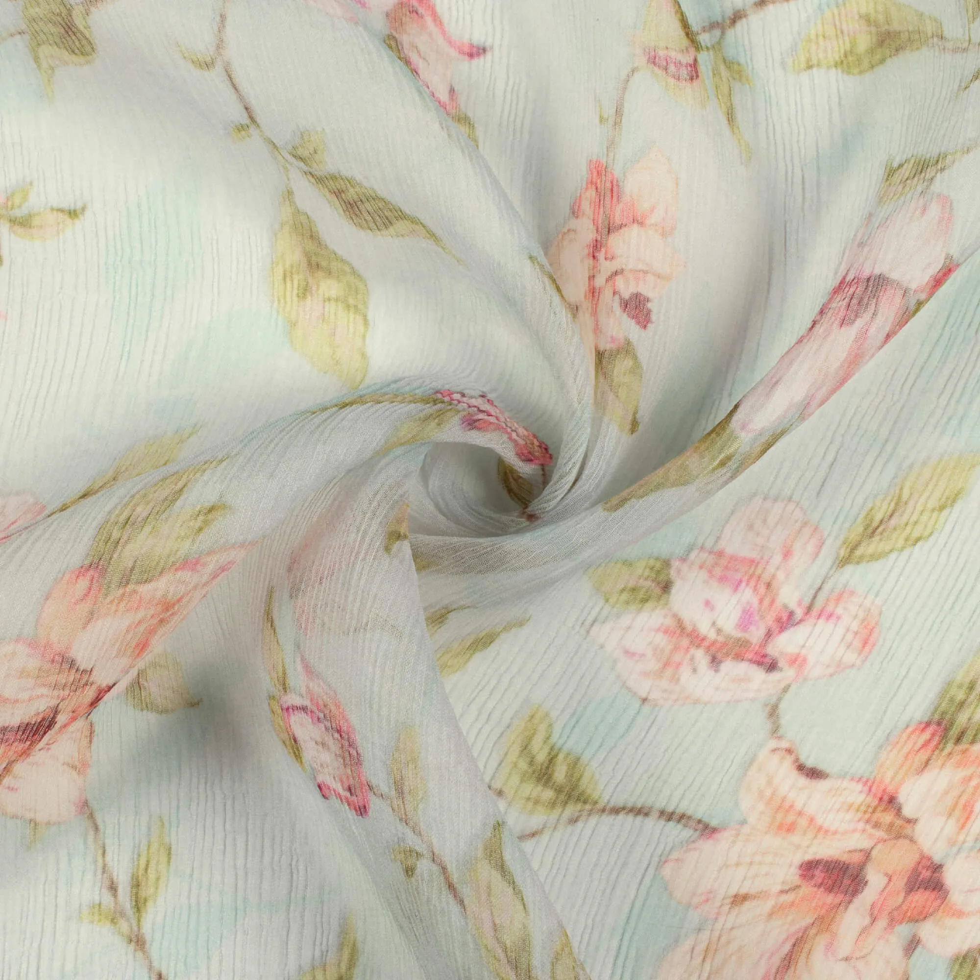 Baby Blue Pink Floral Pattern Digital Print Bemberg Chiffon Fabric