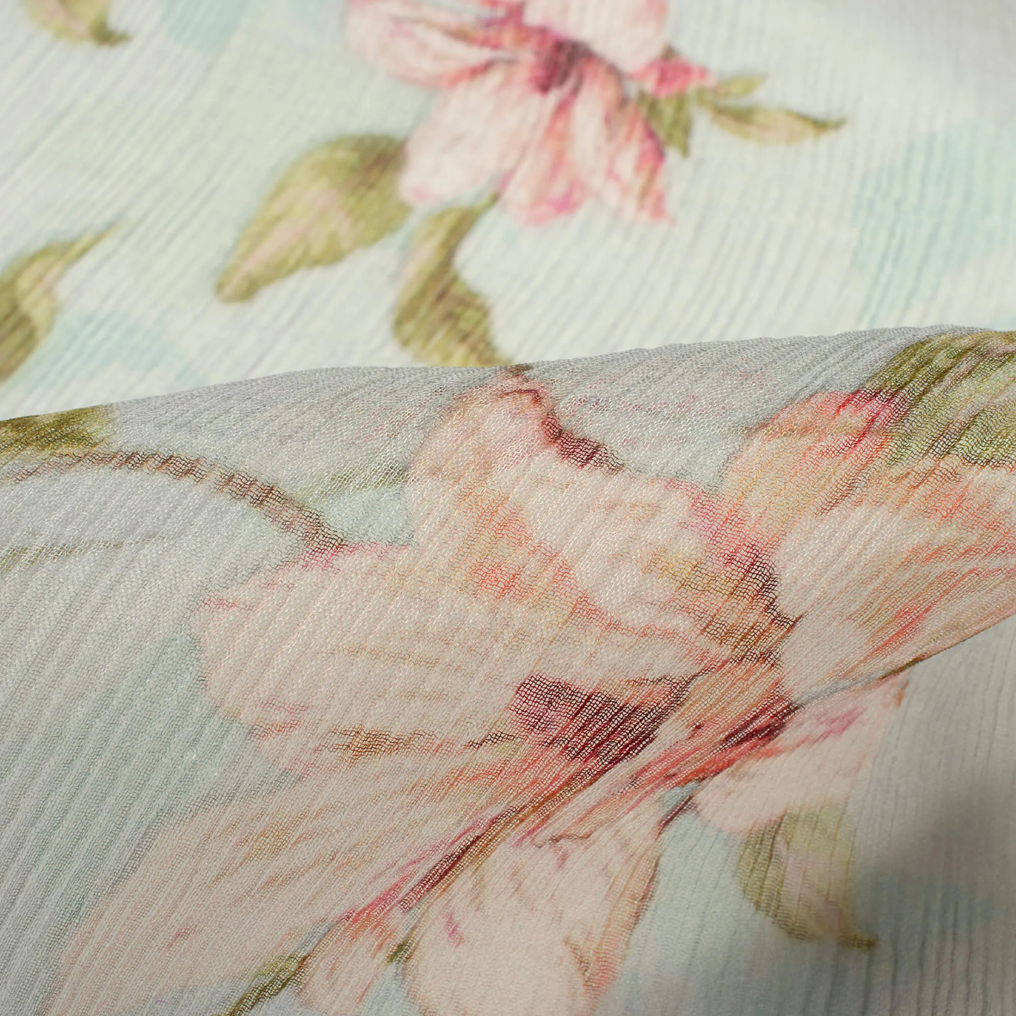 Baby Blue Pink Floral Pattern Digital Print Bemberg Chiffon Fabric