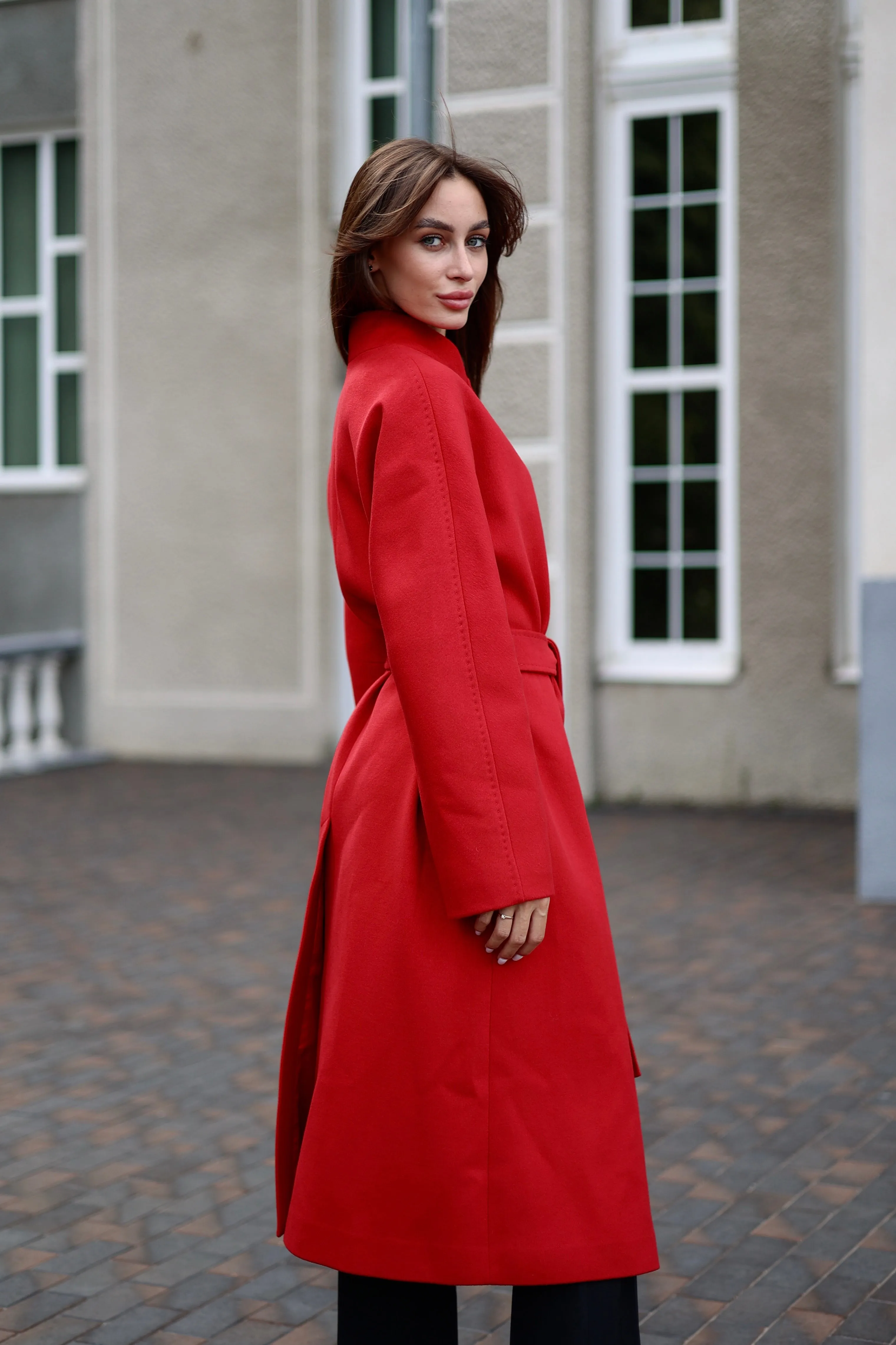 Band Collar Wool Blend Coat Autumn Red