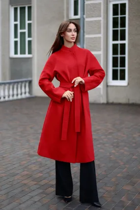 Band Collar Wool Blend Coat Autumn Red