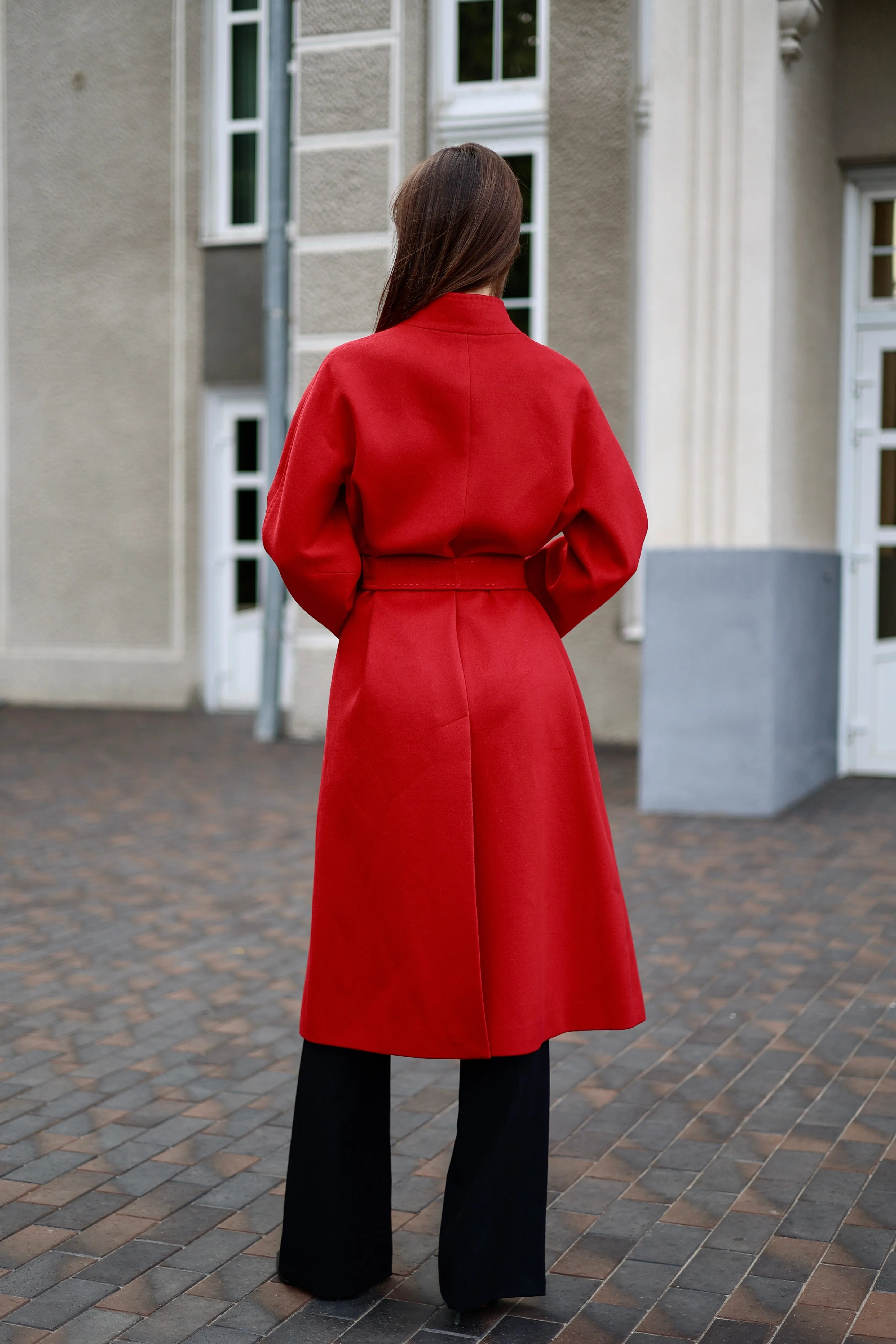 Band Collar Wool Blend Coat Autumn Red