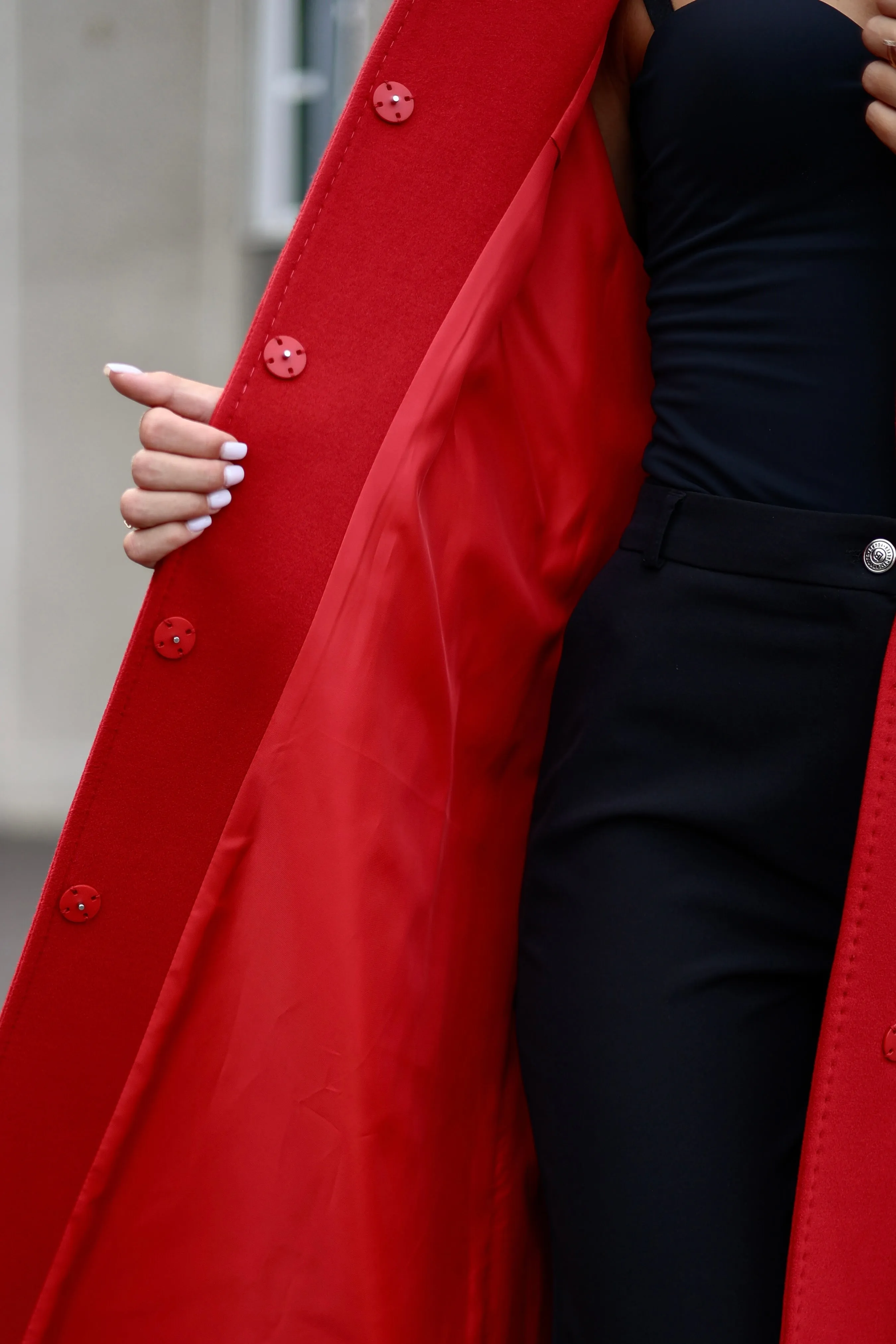 Band Collar Wool Blend Coat Autumn Red