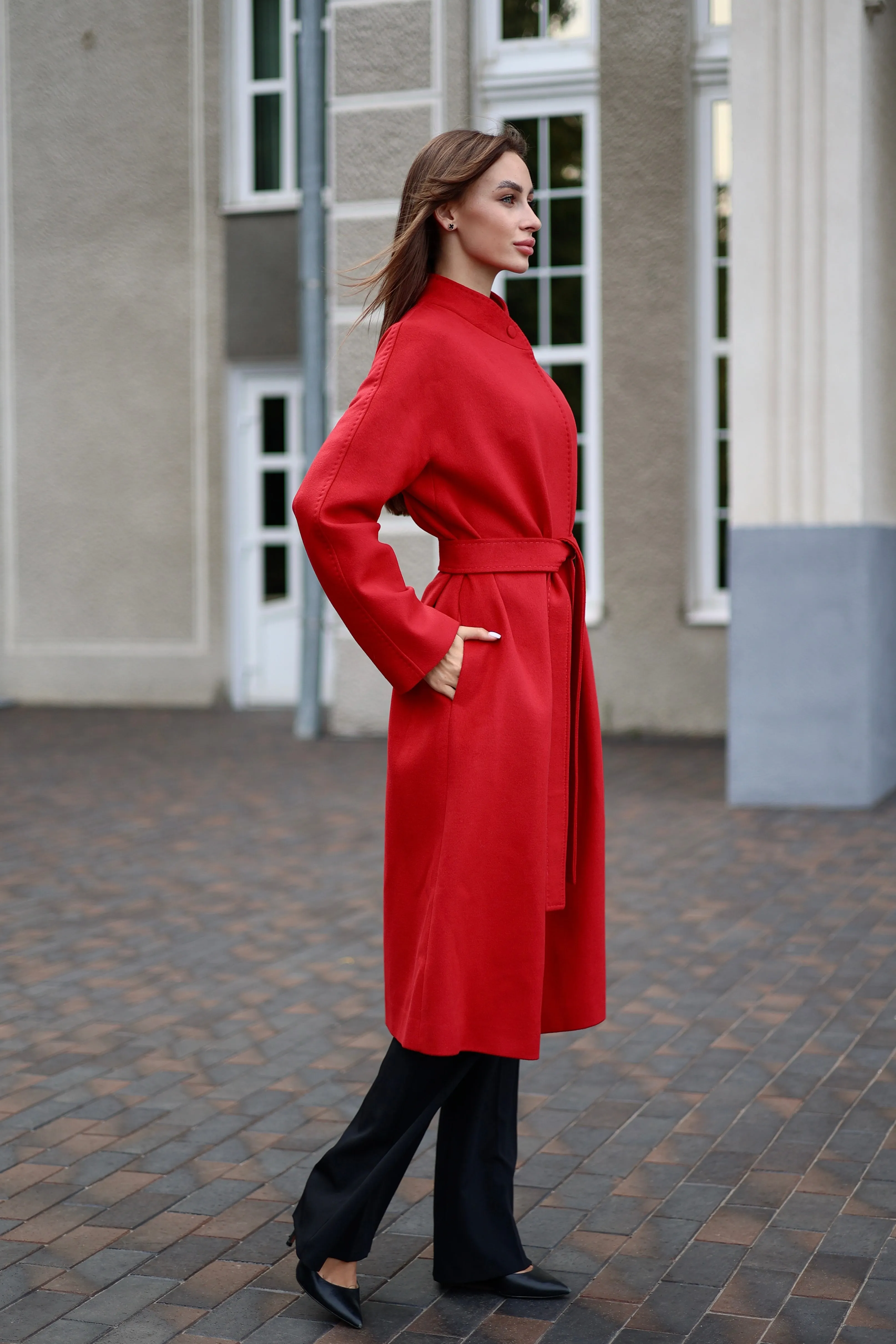 Band Collar Wool Blend Coat Autumn Red