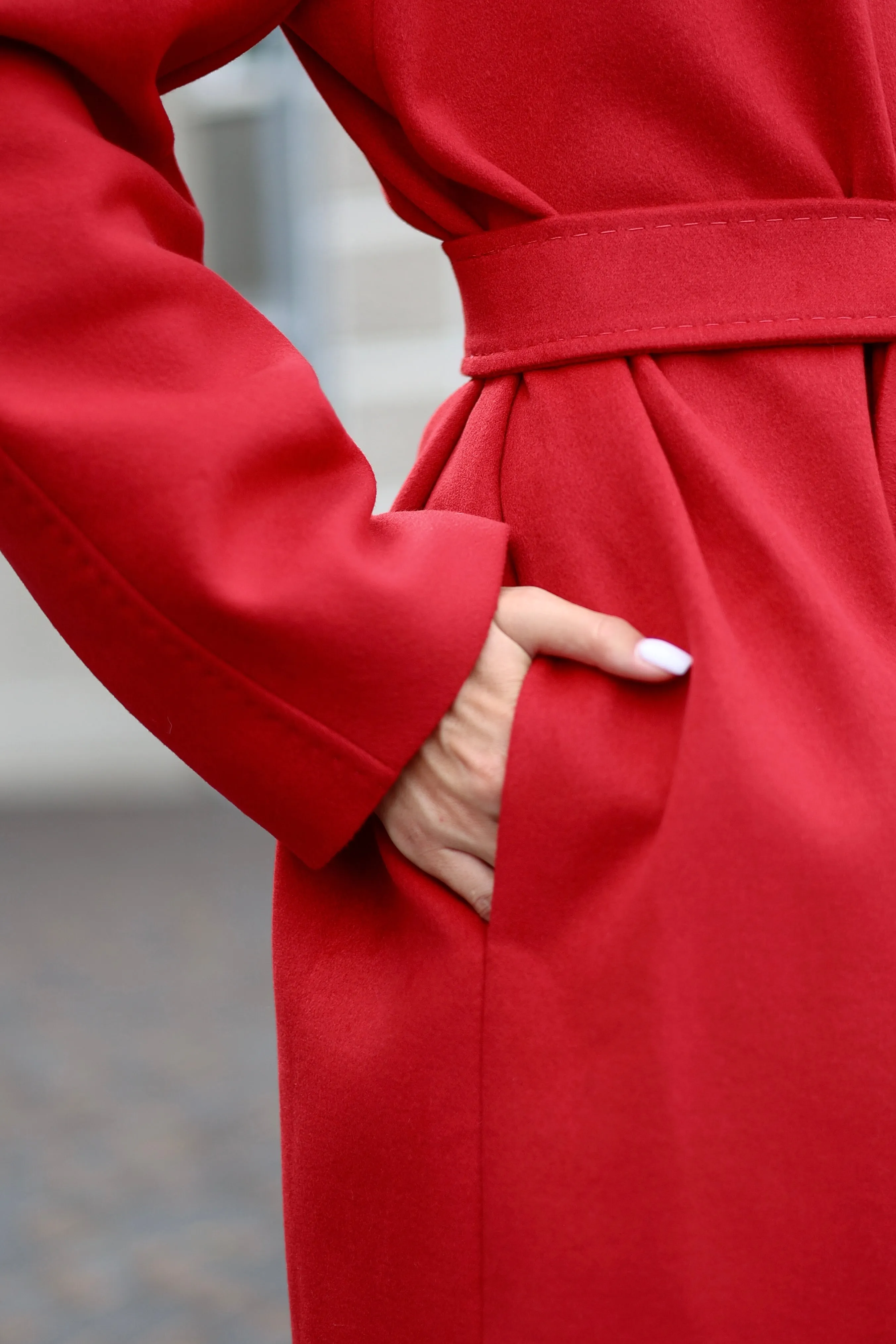 Band Collar Wool Blend Coat Autumn Red