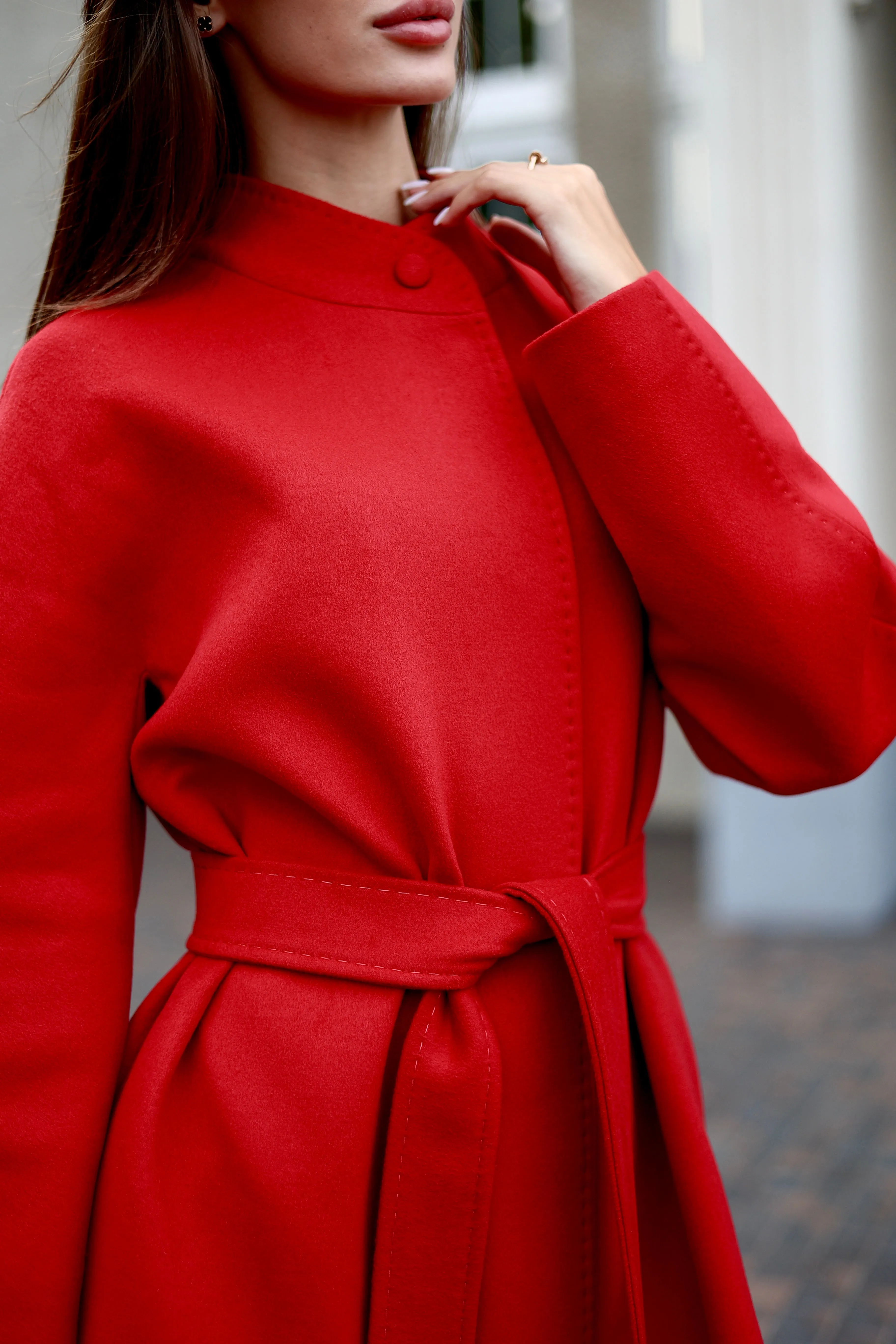 Band Collar Wool Blend Coat Autumn Red