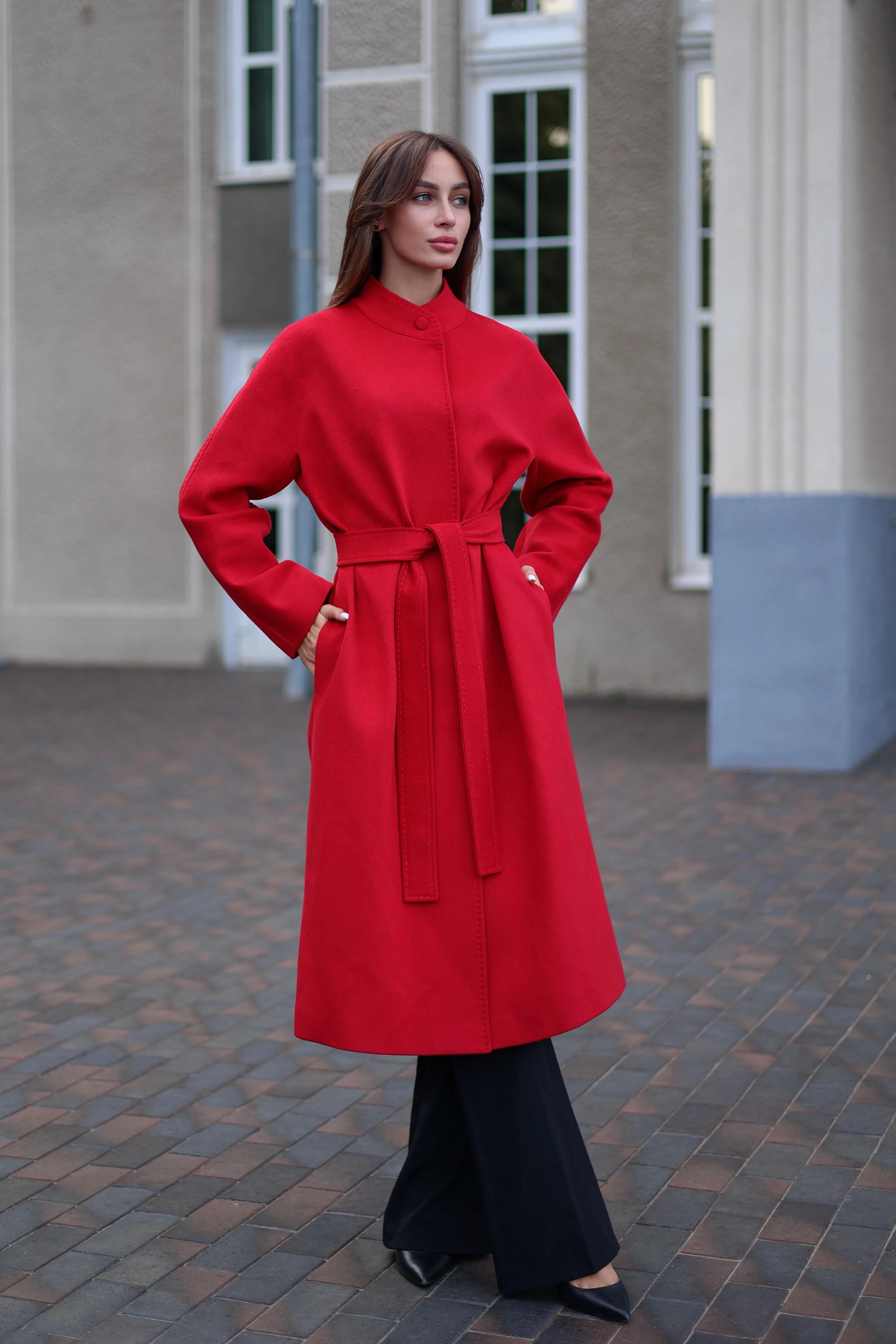 Band Collar Wool Blend Coat Autumn Red