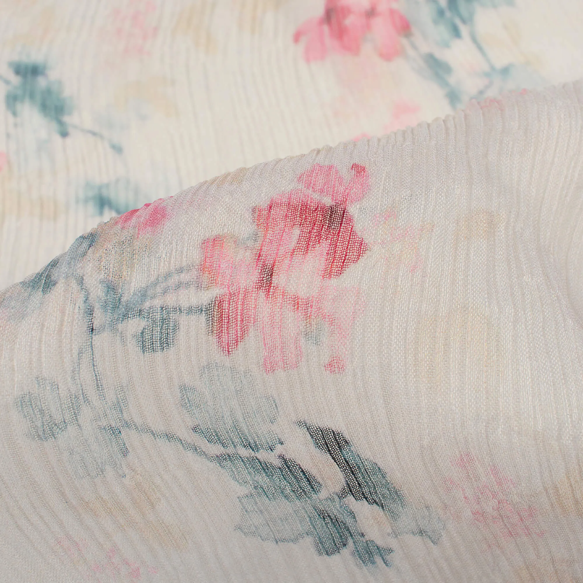 Beige Grey Floral Print Chiffon Fabric