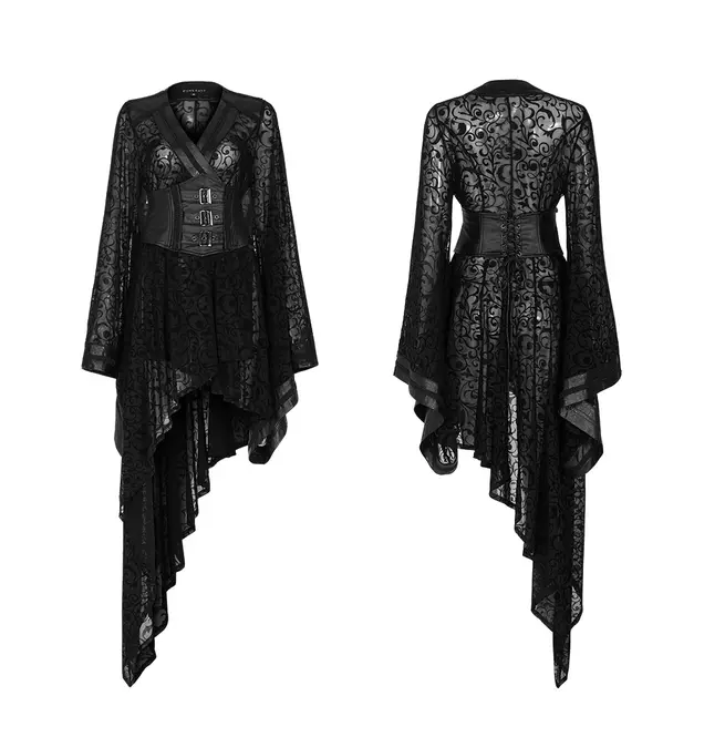 Black Gothic Floral Asymmetrical Coat for Women