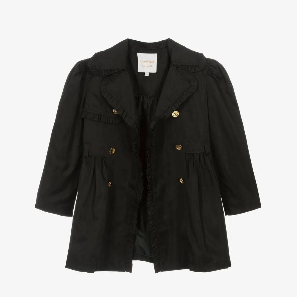 Black Ruffled Trench Coat for Teen Girls