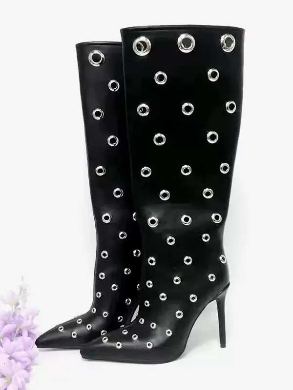 Black Stiletto Heel Boots Women's Cut Out Mid Calf Boots