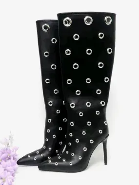 Black Stiletto Heel Boots Women's Cut Out Mid Calf Boots