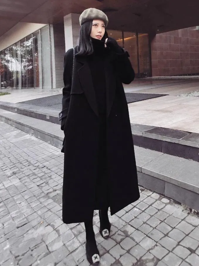 Black Winter Coat Lapel Pockets Women's Full-Length Classic Coat