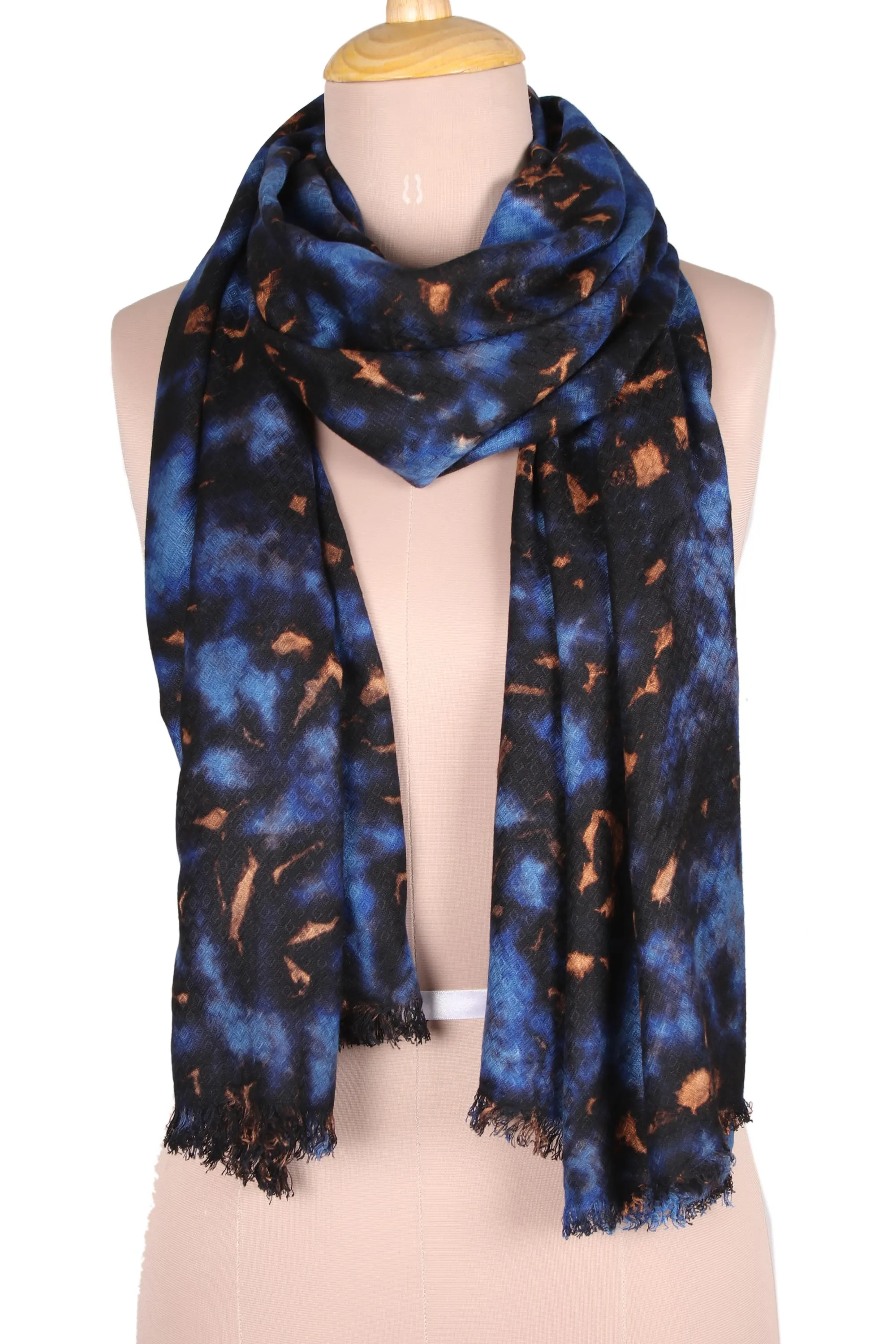 Blue Blue and Caramel Viscose Shawl - Handcrafted in India, Blissful Fusion