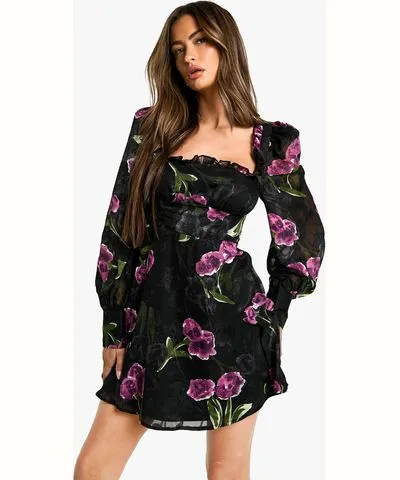 Boohoo Floral Burnout Milkmaid Dress Women