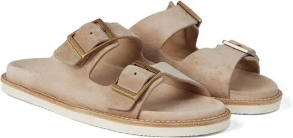 Neutrals Brunello Cucinelli Double-Buckle Suede Sandals