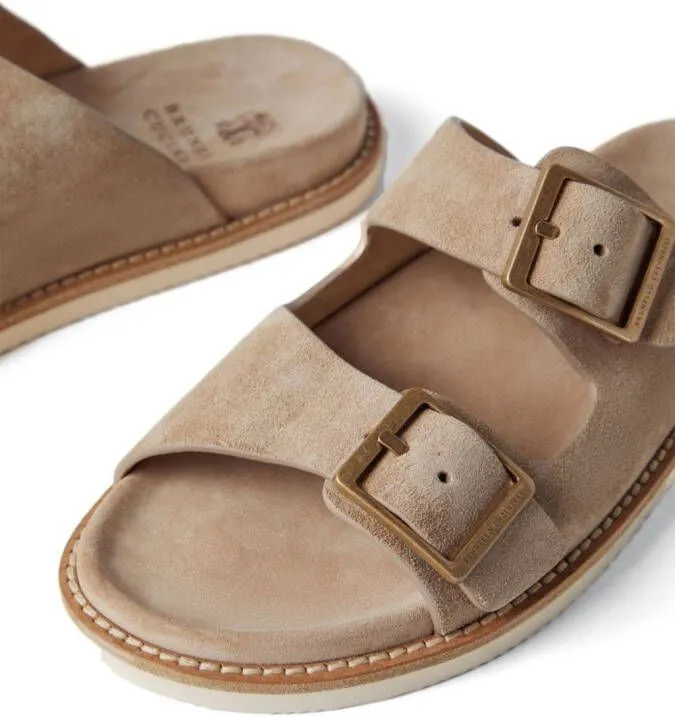 Neutrals Brunello Cucinelli Double-Buckle Suede Sandals