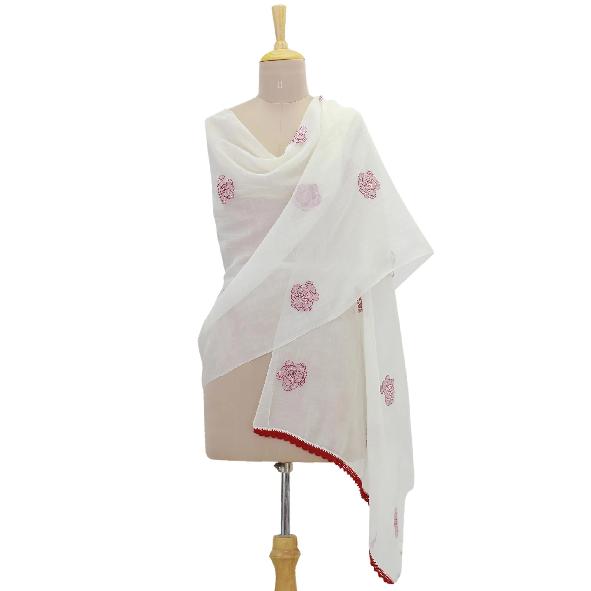 Champagne and Claret Indian Shawl with Chikan Roses, Cotton, and Silk