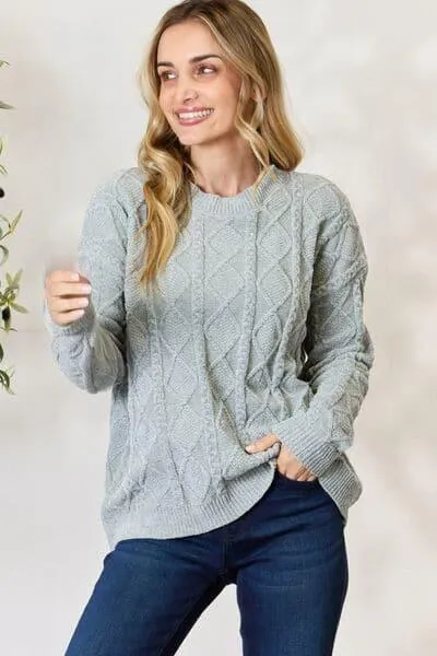 Chunky Cable Knit Round Neck Sweater - BiBi