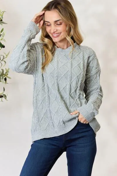 Chunky Cable Knit Round Neck Sweater - BiBi