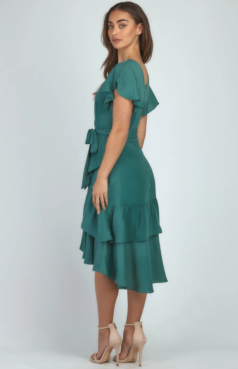 Asymmetric Frill Hem Midi Dress with Cross Front (ADR1012-3B)