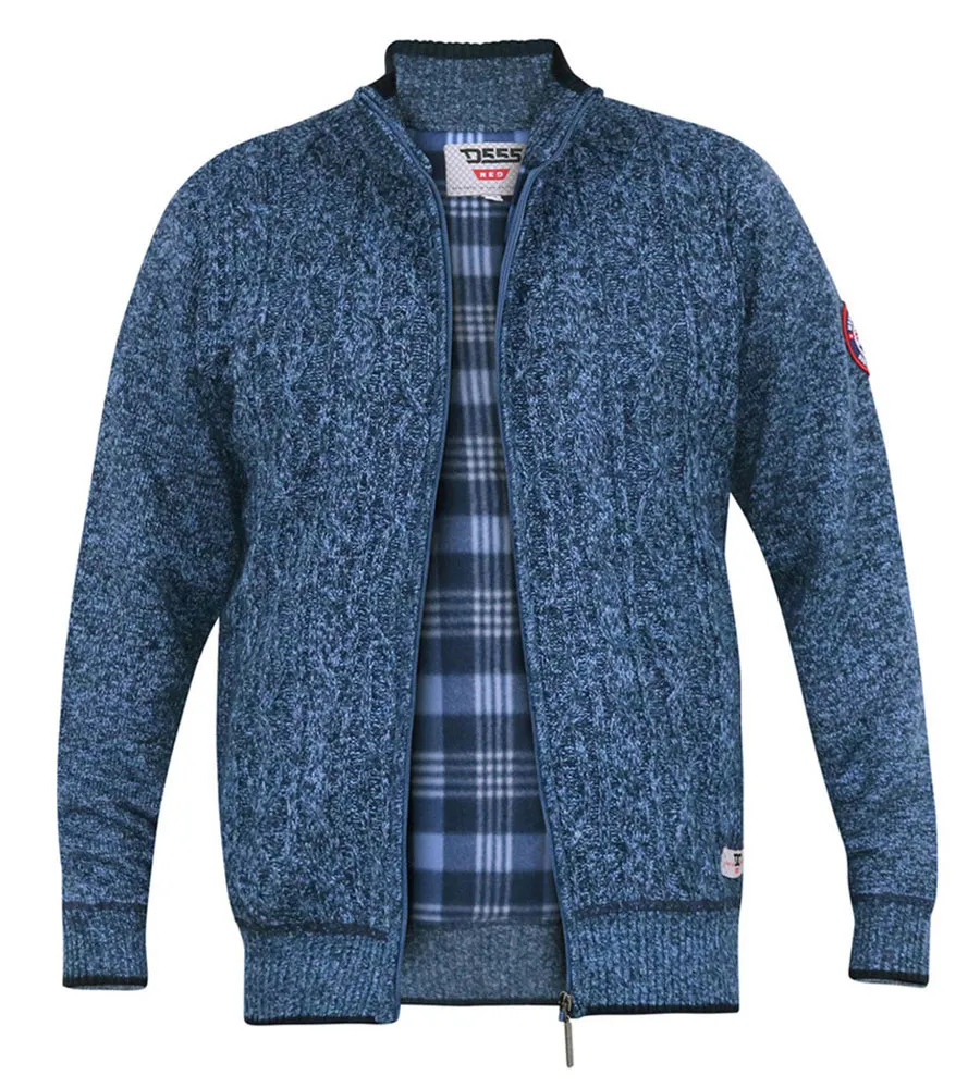 D555 Men's Big Blue Cable Knit Sweater with Zip and Check Lining - Eccles