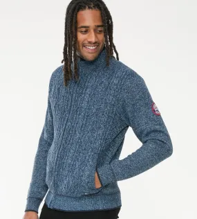 D555 Men's Blue Cable Knit Sweater with Zip and Check Lining - Eccles