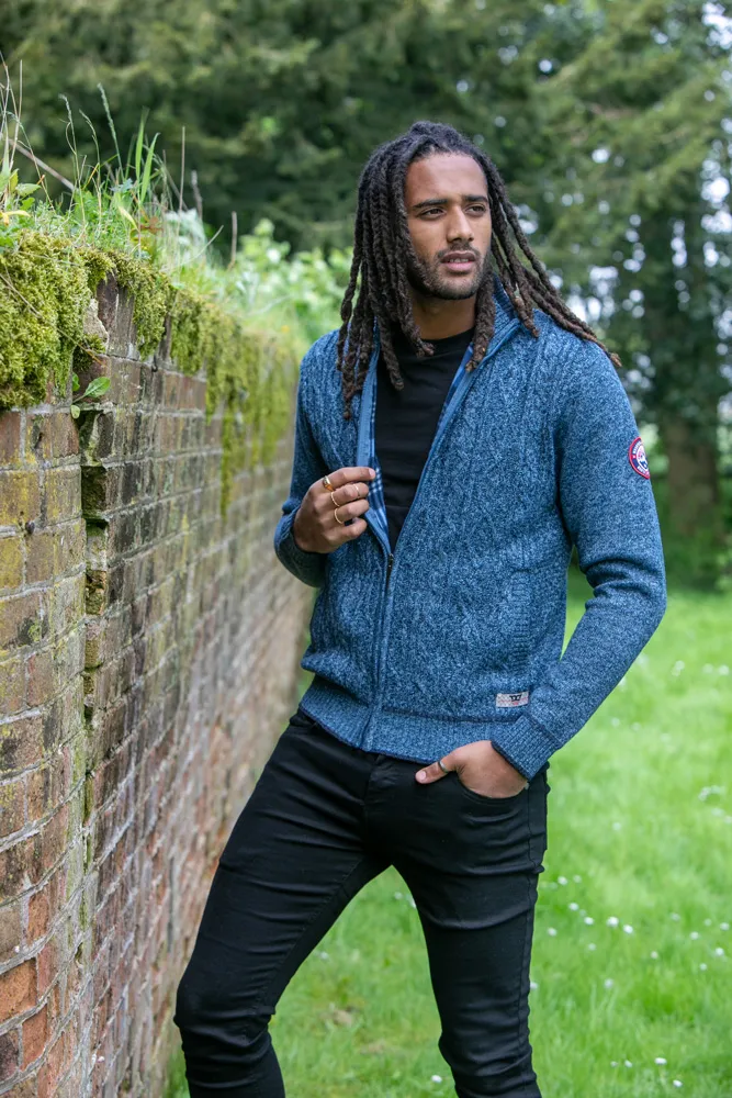 D555 Men's Blue Cable Knit Sweater with Zip and Check Lining - Eccles