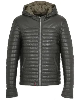 Dark Khaki Men's Leather Down Jacket - 61814