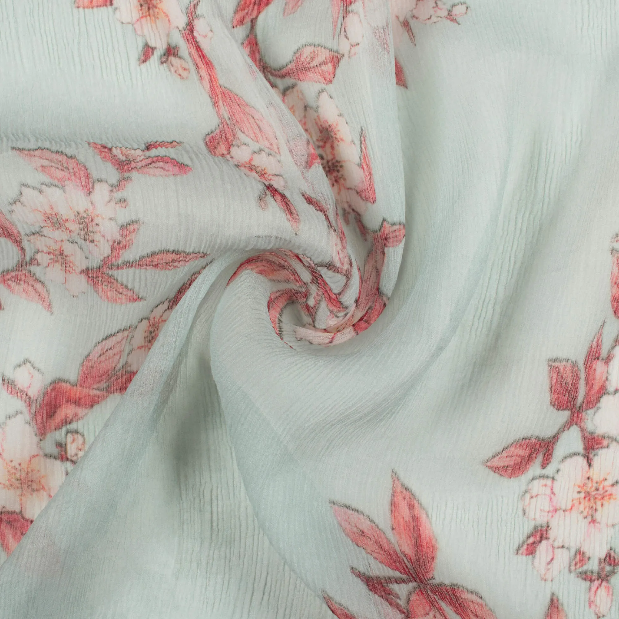 Digital Print Bemberg Chiffon Fabric with Powder Blue and Brick Red Floral Pattern