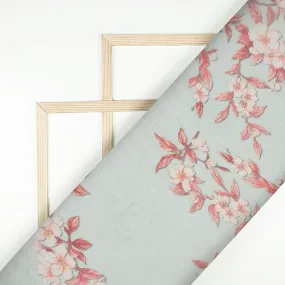 Digital Print Bemberg Chiffon Fabric with Powder Blue and Brick Red Floral Pattern