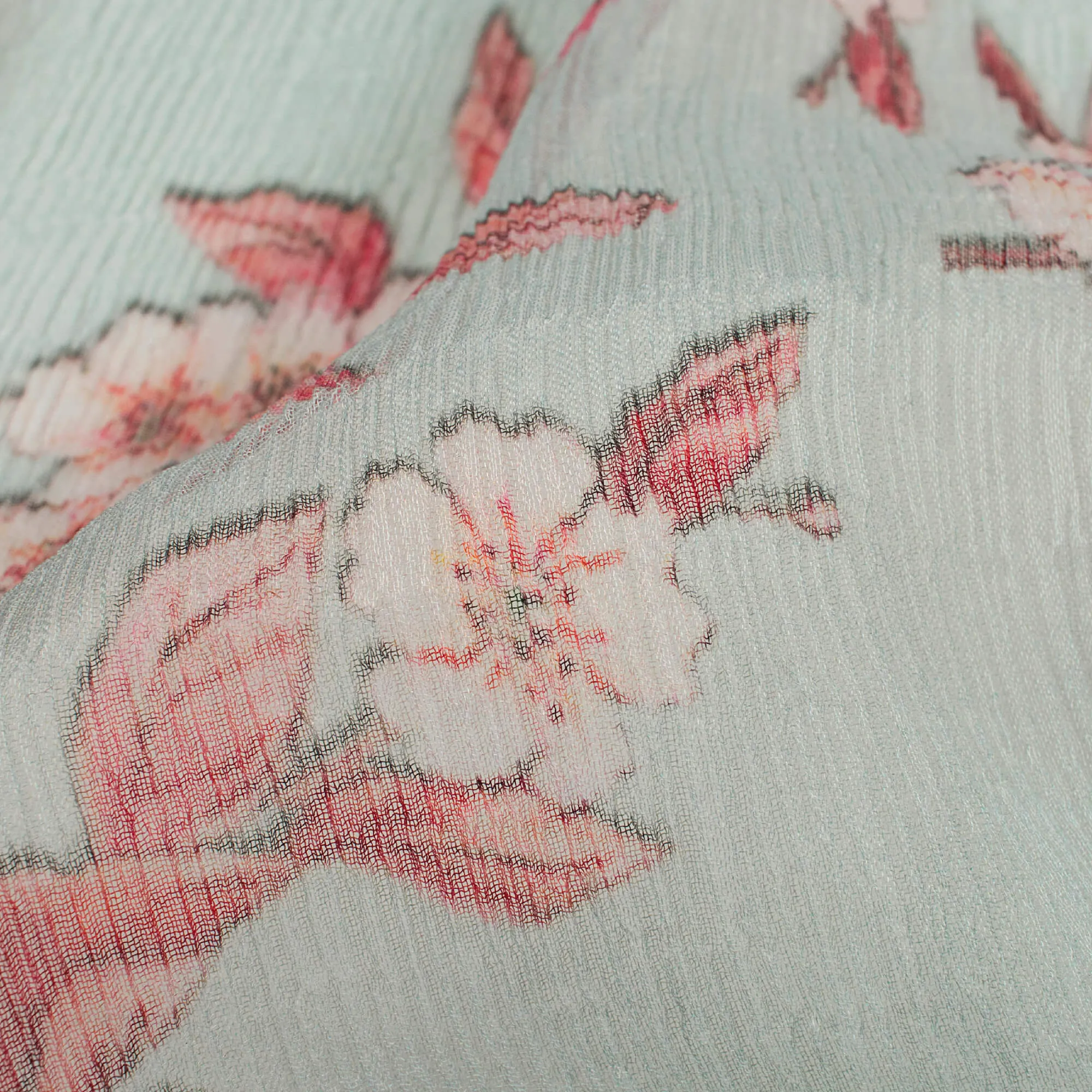 Digital Print Bemberg Chiffon Fabric with Powder Blue and Brick Red Floral Pattern