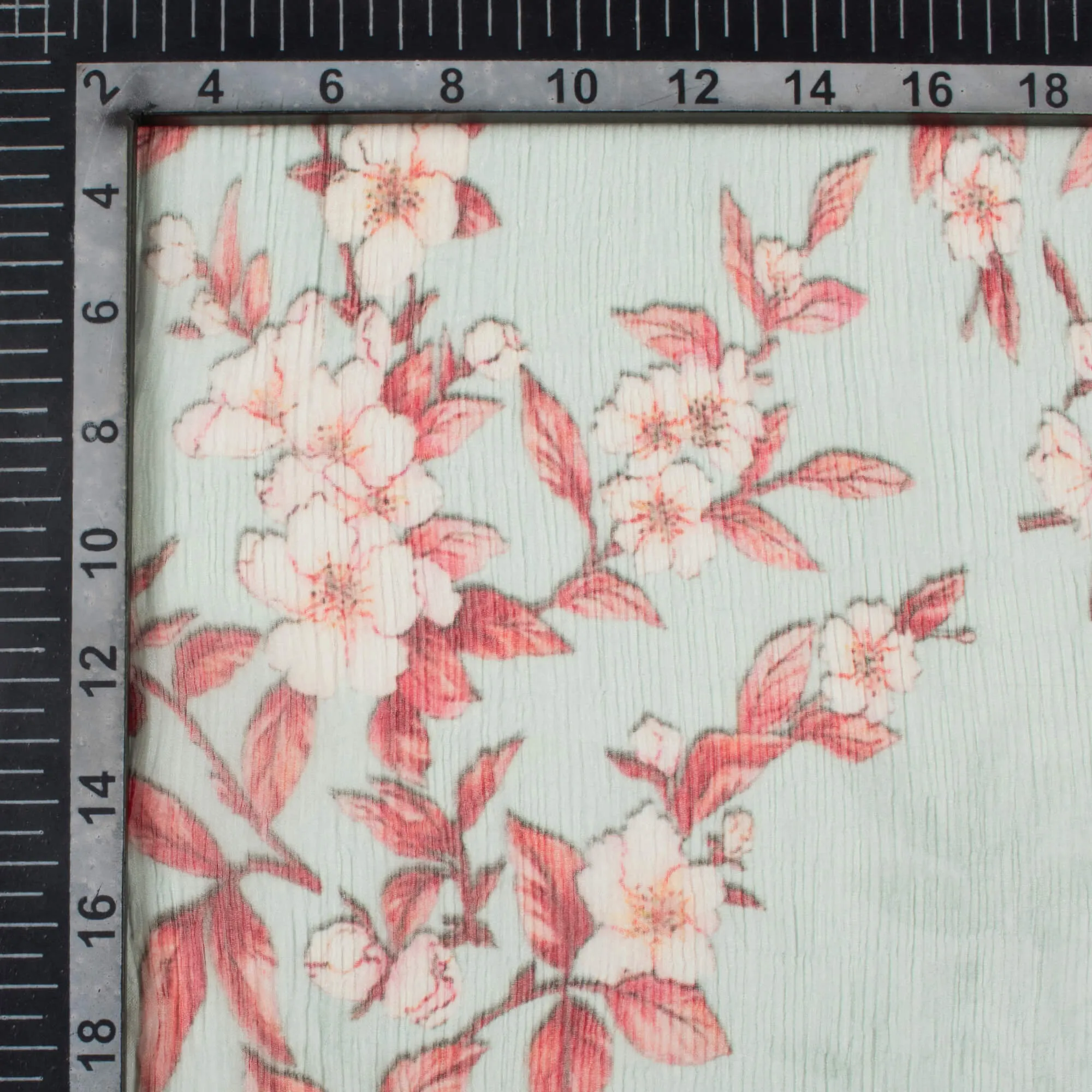 Digital Print Bemberg Chiffon Fabric with Powder Blue and Brick Red Floral Pattern