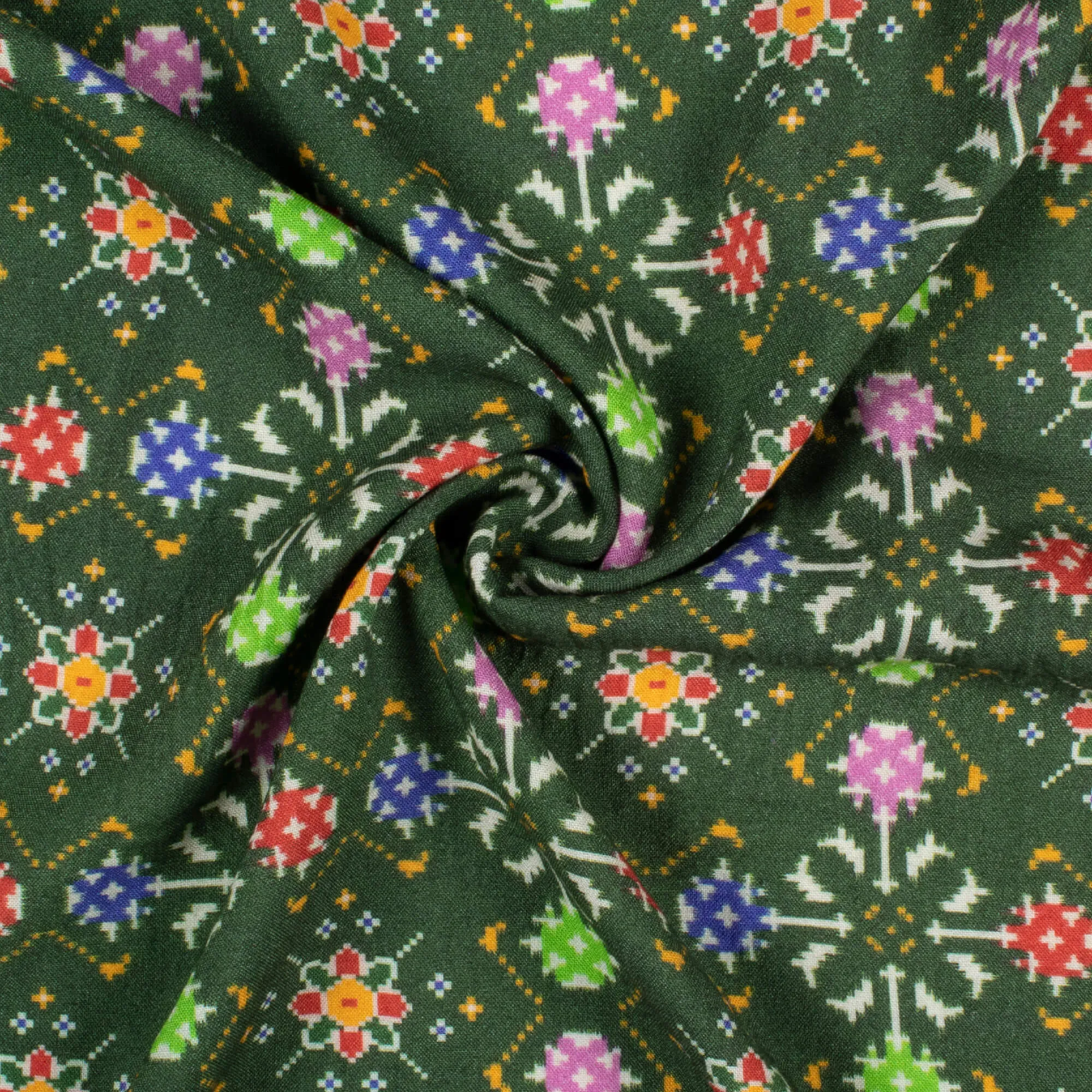 Digital Print Viscose Rayon Fabric Forest Green Purple Patola Pattern Width 58 Inches