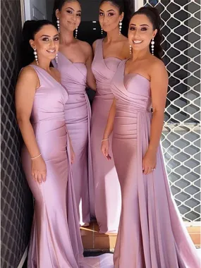 Dusty Rose One Shoulder Mermaid Bridesmaid Dresses with Train, Long Satin Gown - BG407