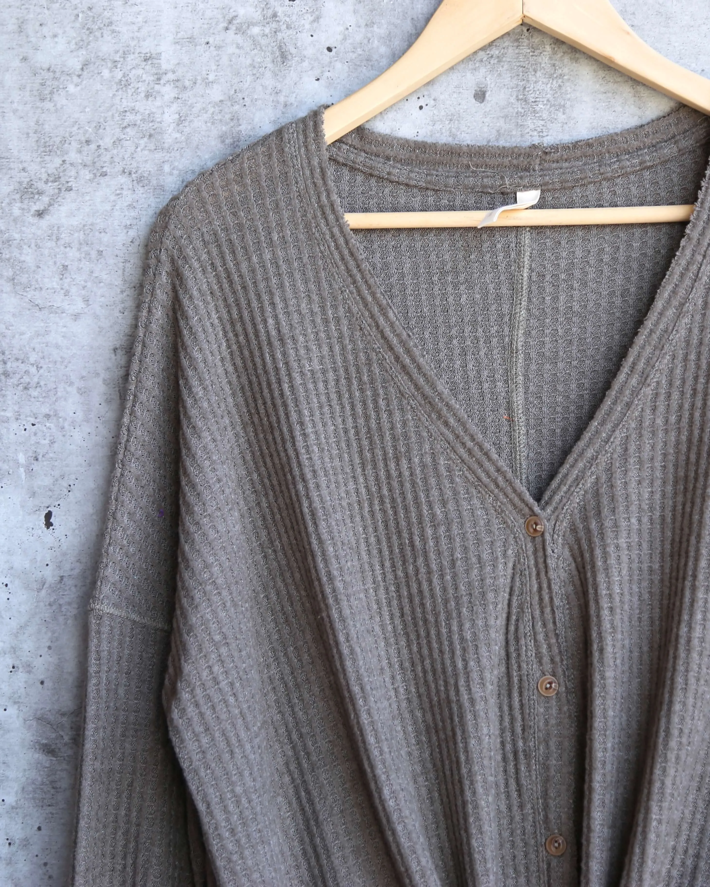 EVA Olive Waffle Knit V-Neck Button-Down Sweater