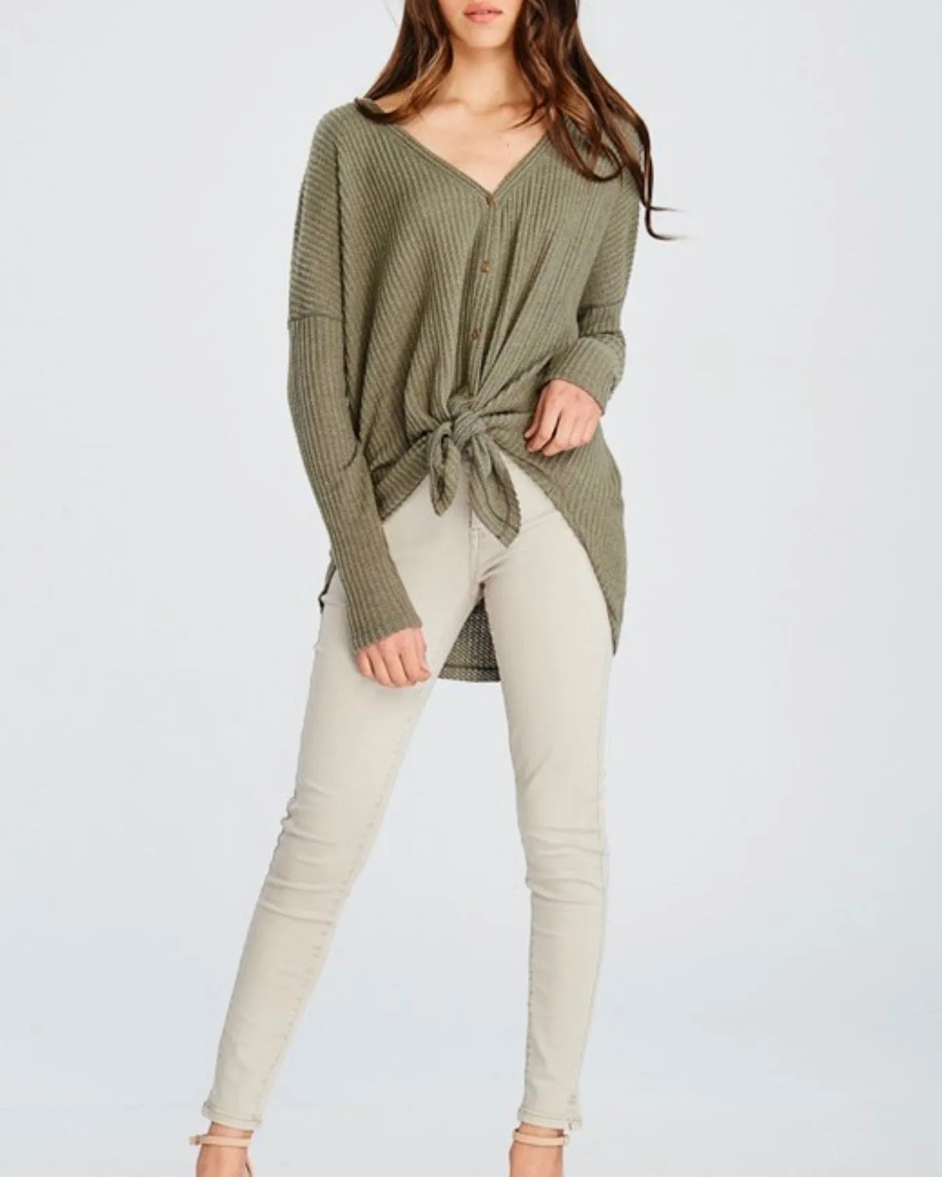 EVA Olive Waffle Knit V-Neck Button-Down Sweater