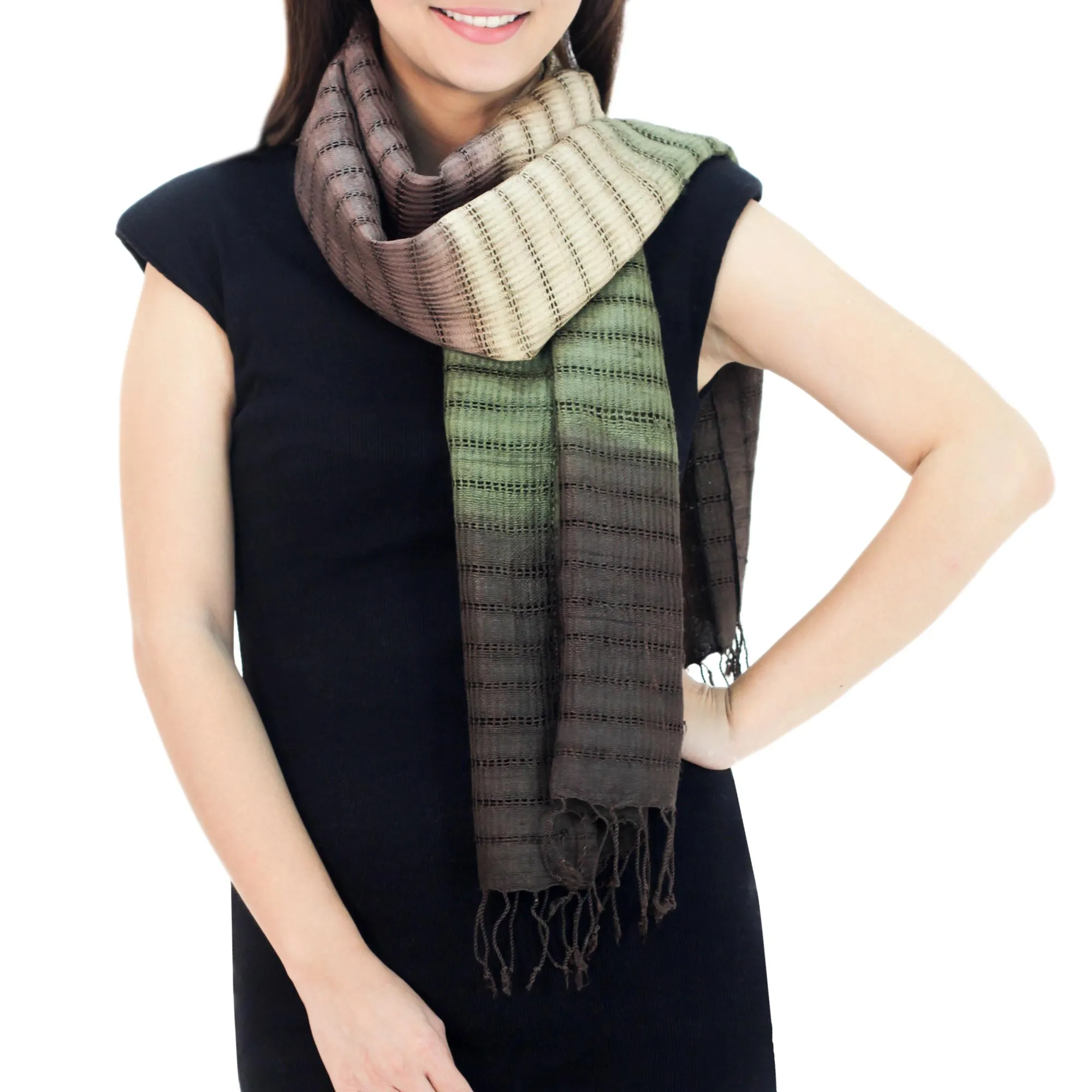 Fair Trade Green and Brown Tie-Dye Silk Scarf with Bark Design