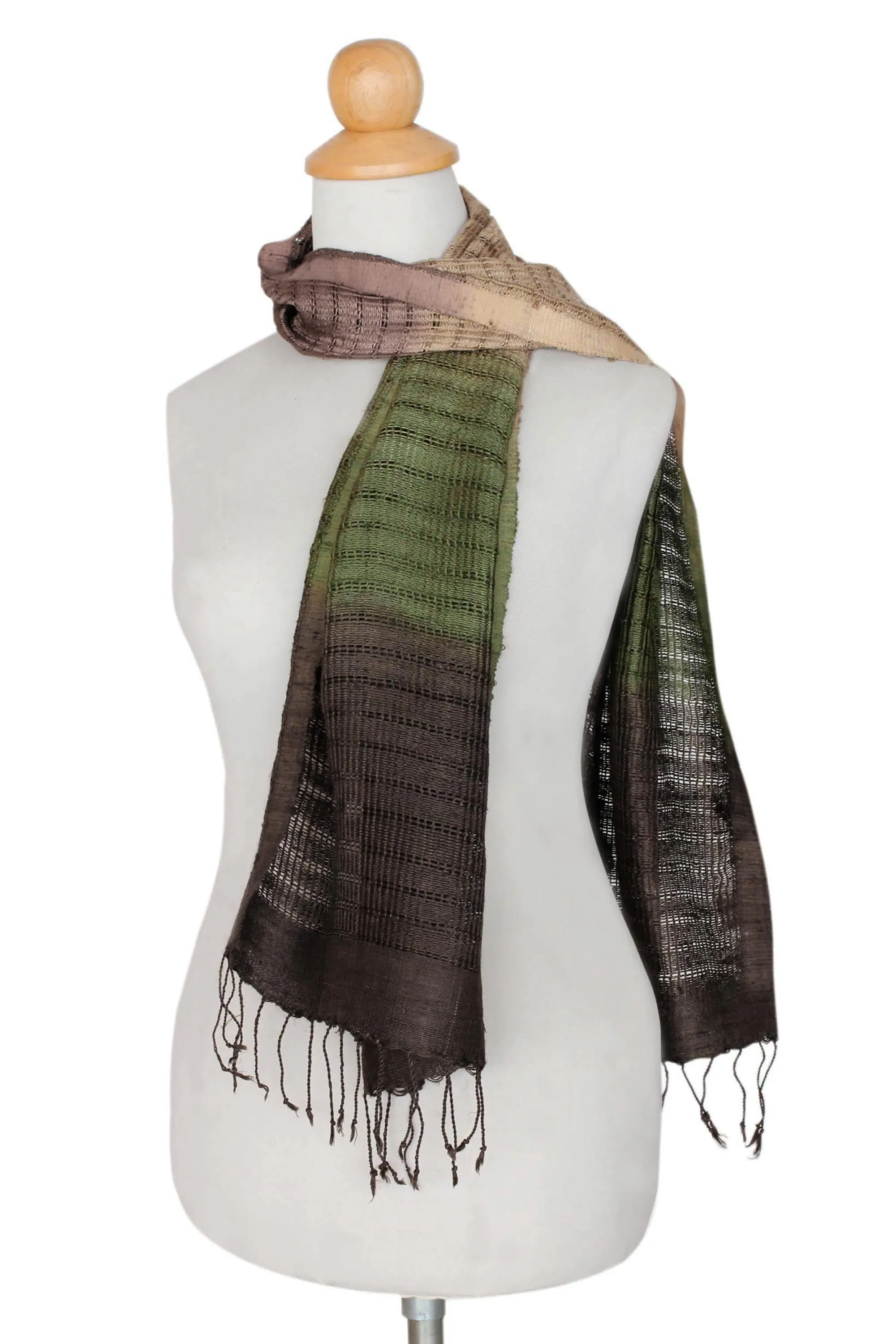 Fair Trade Green and Brown Tie-Dye Silk Scarf with Bark Design