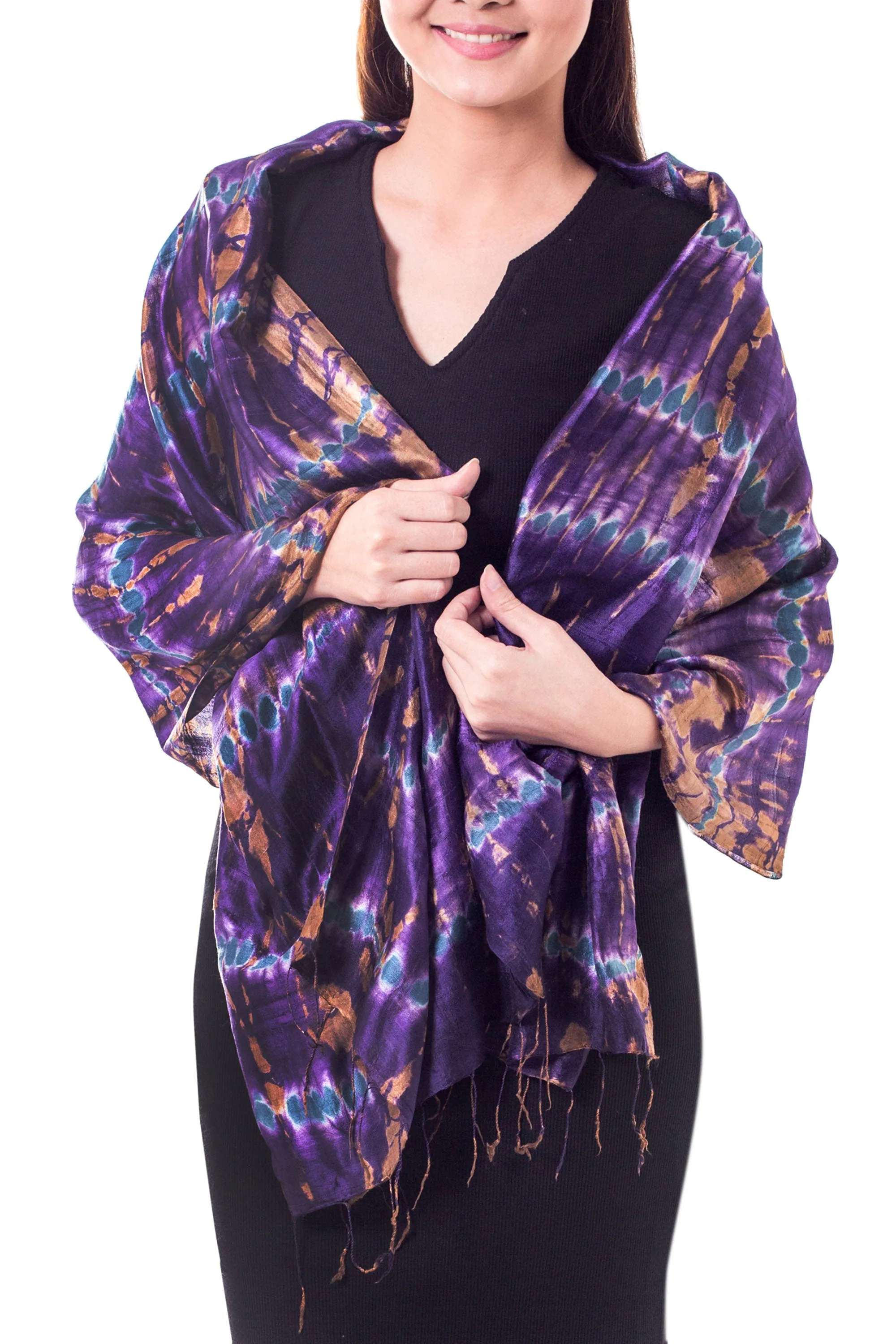 Fair Trade Tie-Dye Silk Shawl with Orchid Design