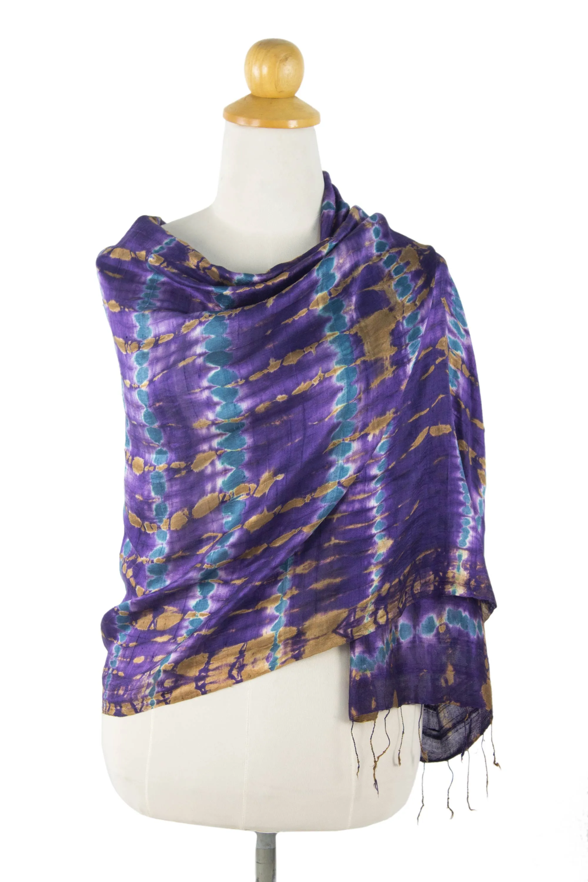 Fair Trade Tie-Dye Silk Shawl with Orchid Design